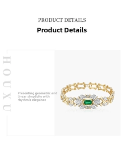 Detailed view of luxury gold vintage bracelet with emerald cut green zircon and small diamonds