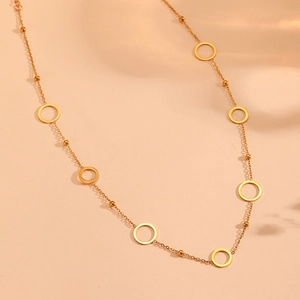 Minimalist gold stainless steel beaded chain necklace with hollow round ring accents