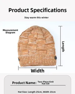 Detail view of ginger mixed knit beanie with side buttons and 25cm by 23cm dimensions