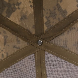 Macro view of inner crown seams and metal rivet on digital camo cotton baseball cap