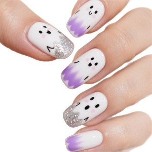 Halloween ghost press-on nails with purple gradient and silver glitter medium square