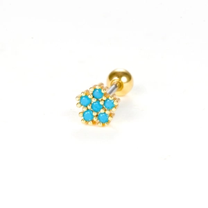 Gold flower stud earring with blue turquoise stones and steel screw back on white base