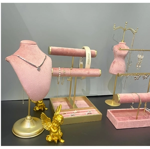 Pink velvet and gold metal jewelry display stand set for necklaces and rings