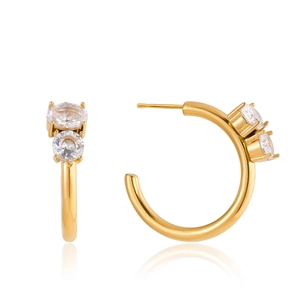 Polished 18K gold stainless steel C-shaped hoop earrings with two cubic zirconia stones