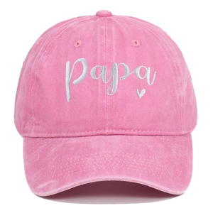 Close-up of pink washed cotton baseball cap with papa heart embroidery and texture