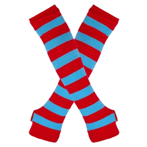 Macro shot of red and blue striped knitted fingerless long arm warmers on white background
