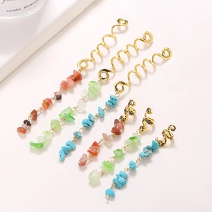 Bohemian gold braid rings set featuring natural stone pendants for dreadlocks hair styling