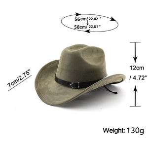 Detaillierte Maße des Wildleder-Cowboyhutes mit 7cm Krempe, 12cm Höhe und 130g Gewicht