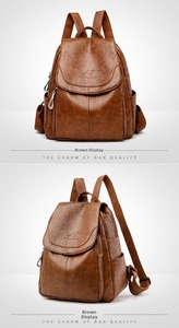 Detailed views of a brown pebbled leather backpack with a kangaroo embossed flap logo