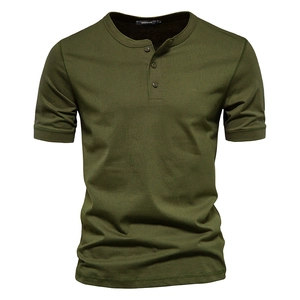 Macro shot of olive green Henley t-shirt neckline showing size label and knit fabric