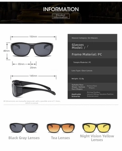 Detailed technical diagram showing over-glasses sunglasses dimensions and PC frame specs