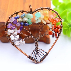 Detailed view of heart-shaped tree of life pendant with colorful natural stone chips