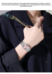 Detail of GEDI quartz watch featuring a crystal bezel, pink dial, and date window
