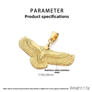 Detail showing carved eagle wings on 18k gold plated stainless steel pendant