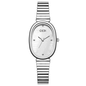 Silver oval mother of pearl quartz watch with a minimalist stainless steel link band