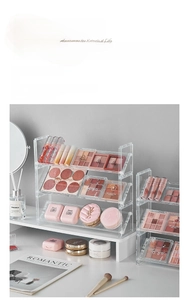 Three-tier clear acrylic vanity organizer for eye shadow palettes and compact powders