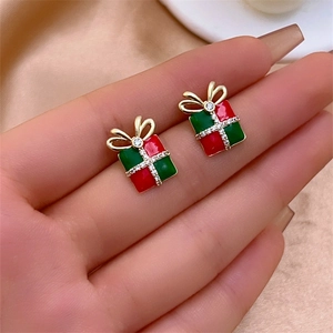 Festive Christmas gift box earrings with red green enamel and rhinestones on gold alloy