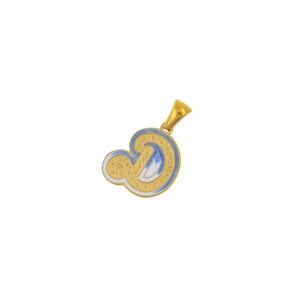 Detailed view of the blue and white enamel gold-plated letter D pendant necklace charm