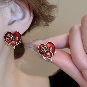 Vintage red heart earrings with golden rose design and liquid drop accent for women