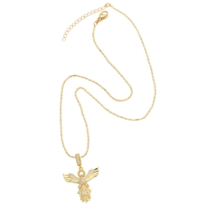 Gold angel pendant necklace with shimmering white zircon stones and adjustable bead chain