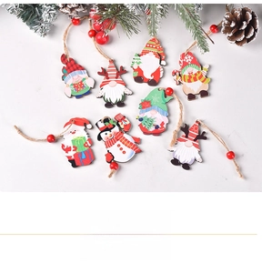 Detail showing painted wooden Christmas ornaments with Santa, gnomes and hemp rope strings