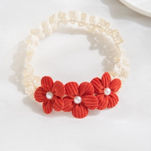 Infant soft lace headband with red velvet flowers and pearl accents for girls