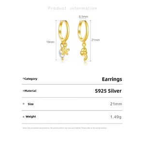 Detail view of gold S925 sterling silver starfish and conch earrings with measurements