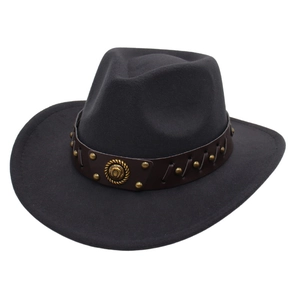 Black western cowboy wool felt hat with brown leather band and vintage metal badge