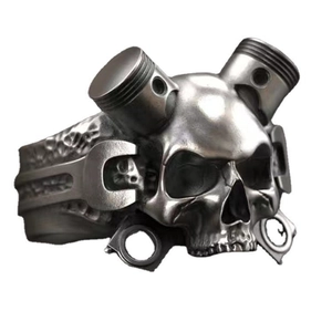 Mechanical skull ring for men with punk engine piston and wrench details in silver finish