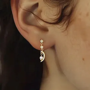 S925 silver gold star moon tassel earrings with pearls and zircon for women