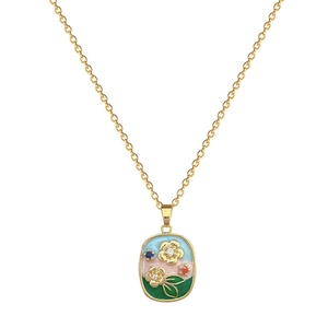 Monet garden style necklace in gold titanium steel with colorful enamel flower pendant