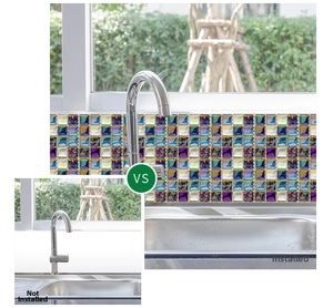 Waterproof mosaic tile sticker for kitchen wall showing before and after effect