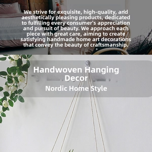 Detail of handmade woven cotton macrame plant hanger with a wooden shelf and green plants