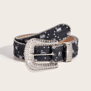 Women Rhinestone Denim Belt Y2K American Vintage Distressed Waistband With Large Alloy Buckle Fashion Accessories For Jeans