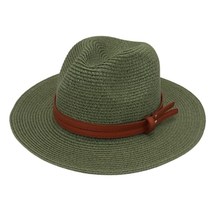 Close-up of dark green straw fedora with brown faux leather belt and metal buckle