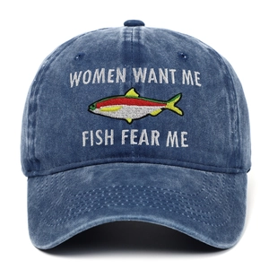 Navy blue washed denim baseball cap with funny fish embroidery and white text for fishing