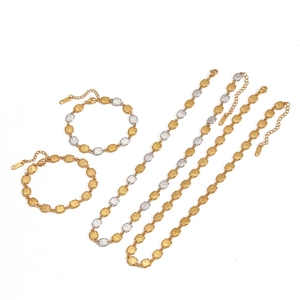 Textured round gold and silver stainless steel necklace and bracelet jewelry set
