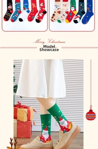 Detailed knit texture of 4-pack Christmas socks with Santa and Reindeer cartoon patterns