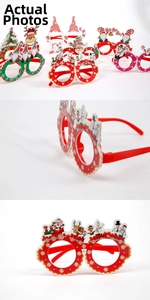 Close-up of festive Christmas party glasses with Santa, reindeer and snowman designs