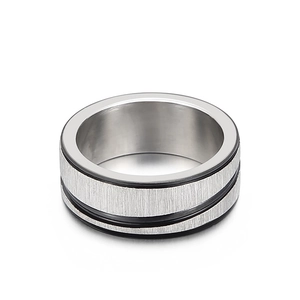 Minimalist stainless steel ring for men with brushed finish and double black inlay stripes