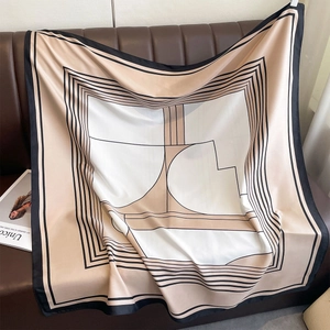 Elegant 90cm geometric square scarf with beige, black, and white patchwork pattern