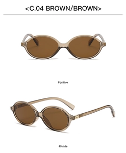 Front and 45-degree views of retro brown oval sunglasses with translucent frames