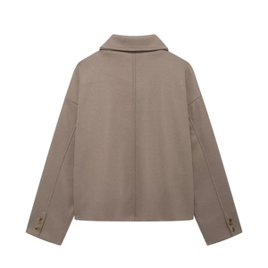 Women's autumn khaki wool lapel jacket shown from the back in a stylish short cut