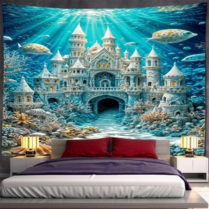 Detail of underwater fantasy castle tapestry featuring vibrant corals and deep sea scenery