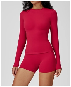 Detail of slim-fit long sleeve yoga top and high-waist shorts in deep rose red