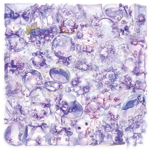 Macro detail of various vintage purple watercolor floral and castle PET stickers