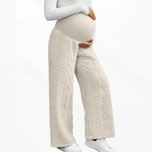 Thick knit maternity pants in cream white featuring adjustable high waist belly support