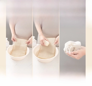 Three-step usage guide for long exfoliating back scrubber showing rich lather and texture