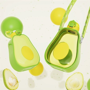 Detail of cute avocado water bottle with adjustable strap and creative 3D design