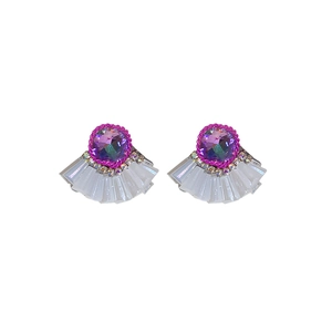 Ethnic style silver needle earrings with purple crystal, rhinestones and beaded tassels